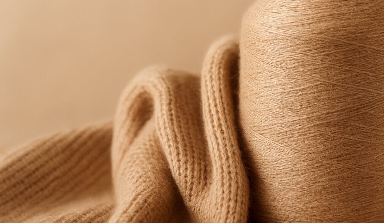 Beige cashmere yarn on a wooden spool next to soft knitted fabric, symbolizing natural luxury and sustainability.