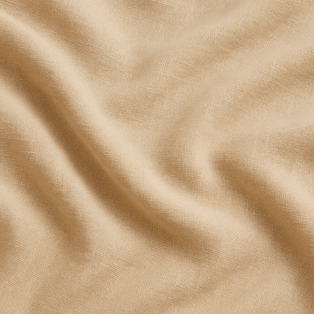 Close-up texture of light beige 100% linen fabric with natural woven fibers and soft draping.