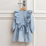 Linen dress in blue, back view with tie band and button placket