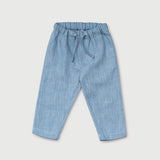 Front view of blue linen pants for babies and toddlers with elastic waistband and drawstring.