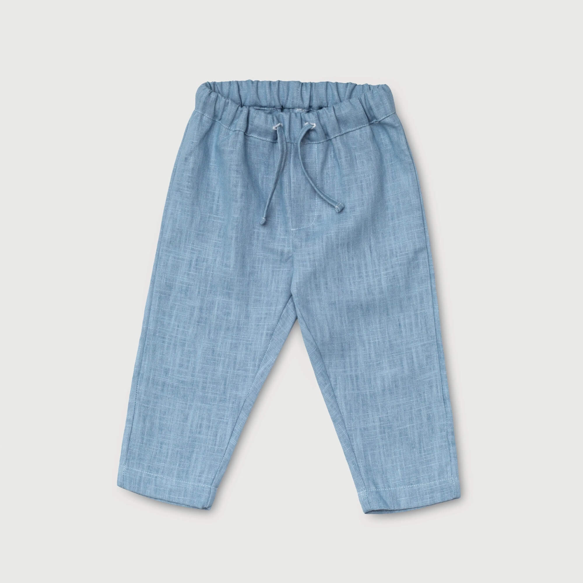 Front view of blue linen pants for babies and toddlers with elastic waistband and drawstring.