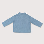 Back view of lightweight long-sleeve blue linen shirt for babies and toddlers.