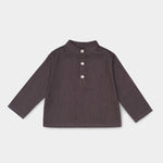Front view of long-sleeve brown linen shirt for babies and toddlers with a collarless design and three-button placket.