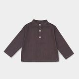 Front view of long-sleeve brown linen shirt for babies and toddlers with a collarless design and three-button placket.