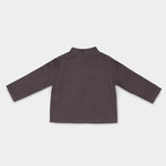 Back view of lightweight long-sleeve brown linen shirt for babies and toddlers.