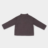 Back view of lightweight long-sleeve brown linen shirt for babies and toddlers.