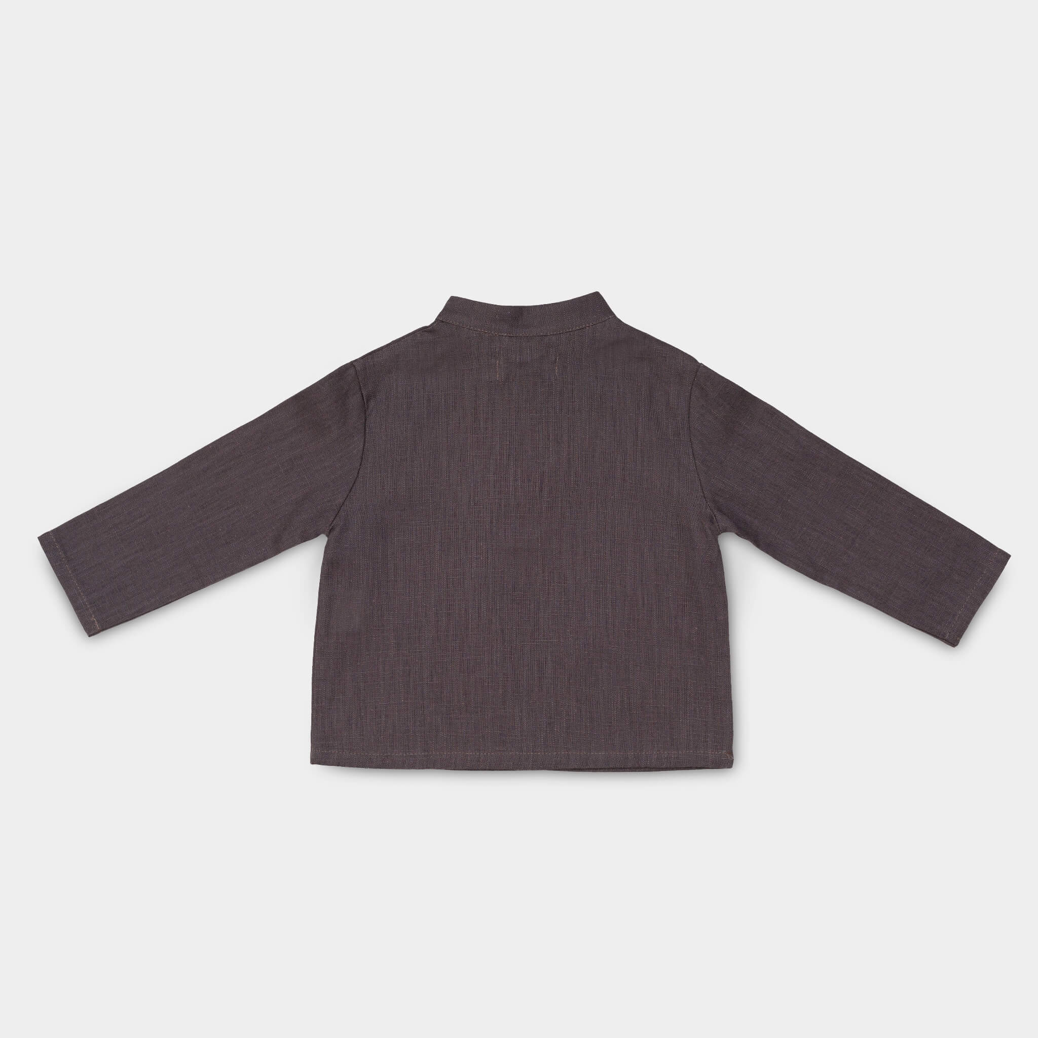 Back view of lightweight long-sleeve brown linen shirt for babies and toddlers.