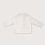 Back view of lightweight long-sleeve white linen shirt for babies and toddlers.