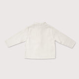 Back view of lightweight long-sleeve white linen shirt for babies and toddlers.