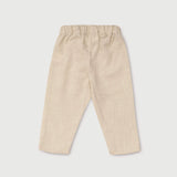 Back view of lightweight beige linen pants for babies and toddlers.