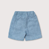 Back view of lightweight short blue linen pants for babies and toddlers.