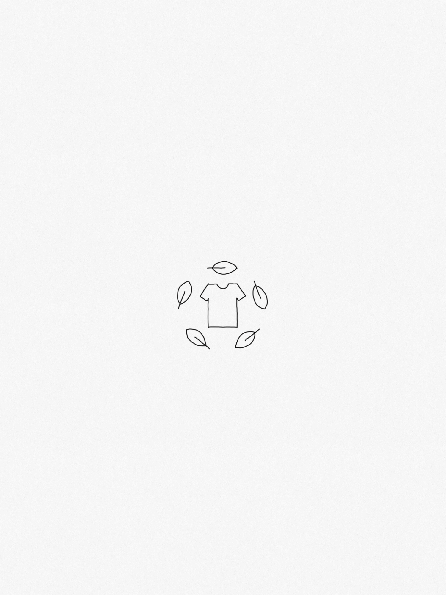 Minimal icon of a T-shirt surrounded by leaves, symbolizing the natural and sustainable qualities of cashmere clothing.