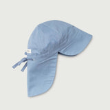 Blue linen sun hat for babies and toddlers with neck protection and adjustable tie, side view