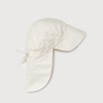White linen sun hat with neck protection and adjustable tie, side view, breathable summer hat for babies and toddlers