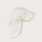 White linen sun hat with neck protection and adjustable tie, side view, breathable summer hat for babies and toddlers