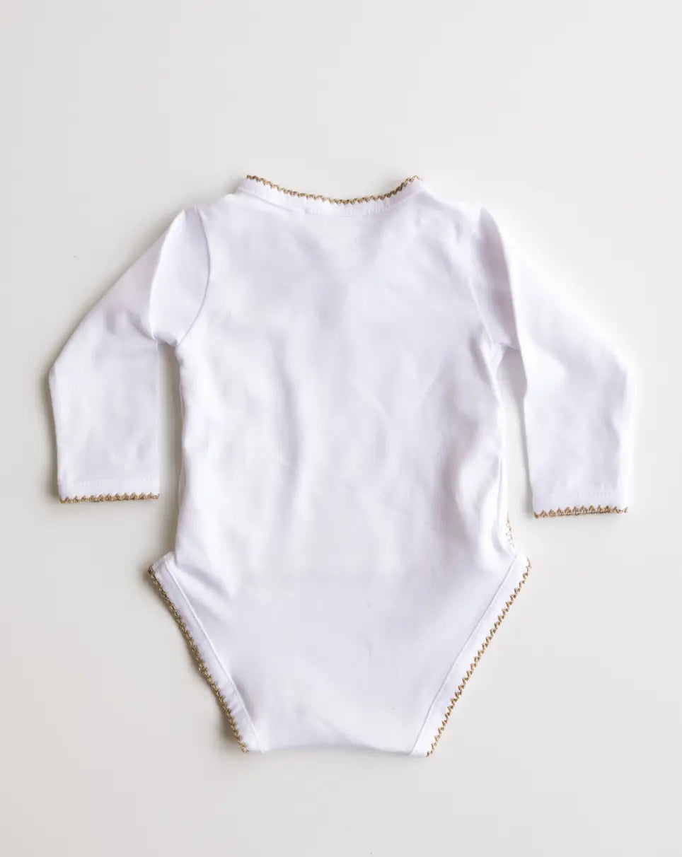 Back view of white baby bodysuit with caramel brown crochet trim.