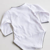 Back view of soft cotton baby bodysuit in grey with crochet finish