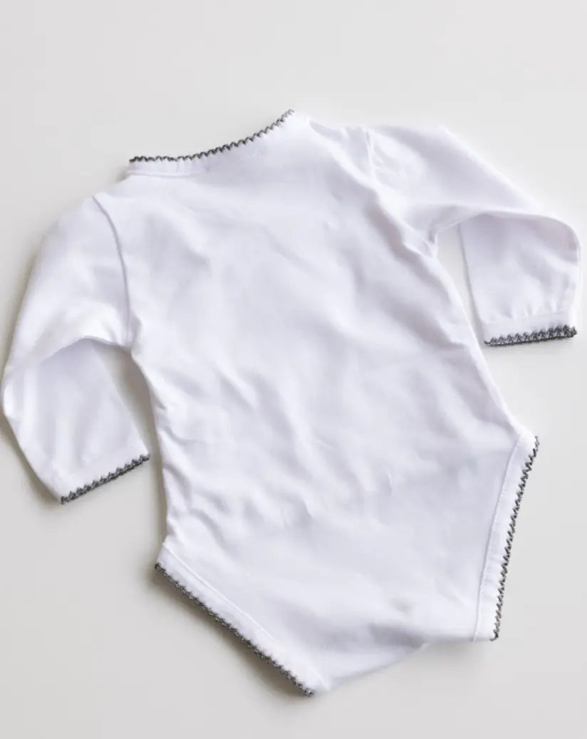Back view of white baby bodysuit with heather grey crochet trim.