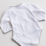 Back view of white baby bodysuit with heather grey crochet trim.
