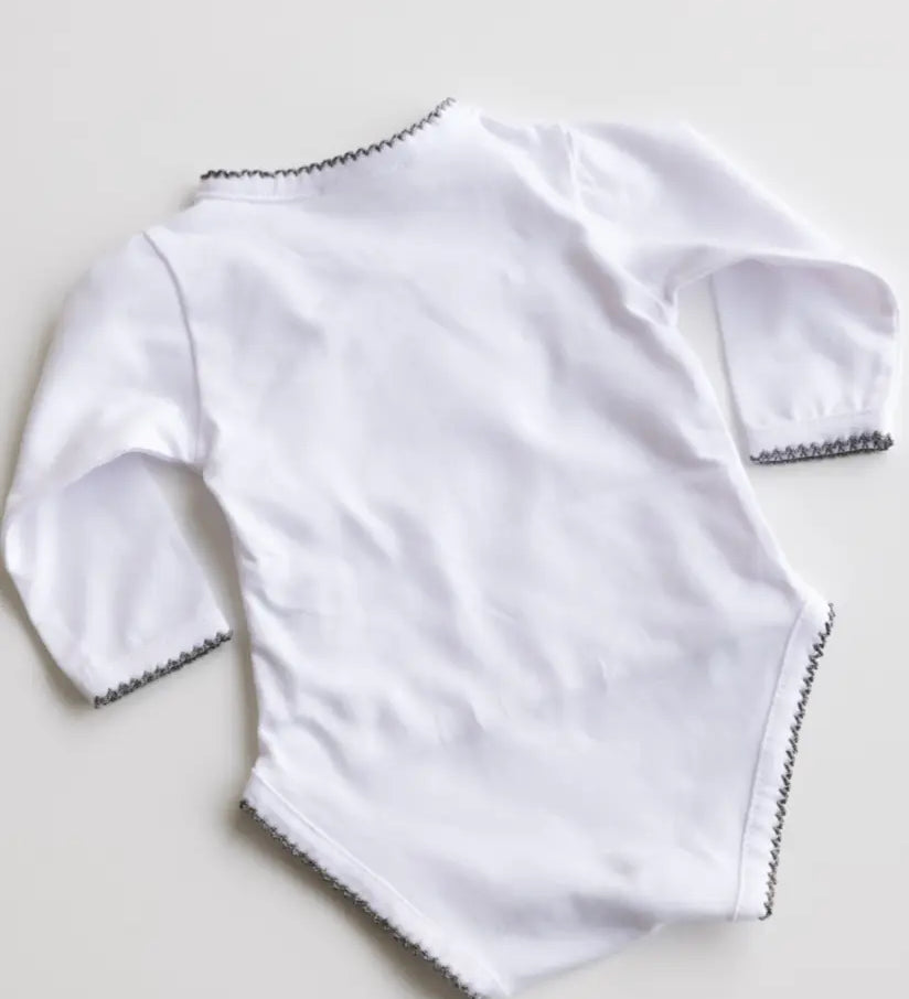 Back view of white baby bodysuit with heather grey crochet trim.