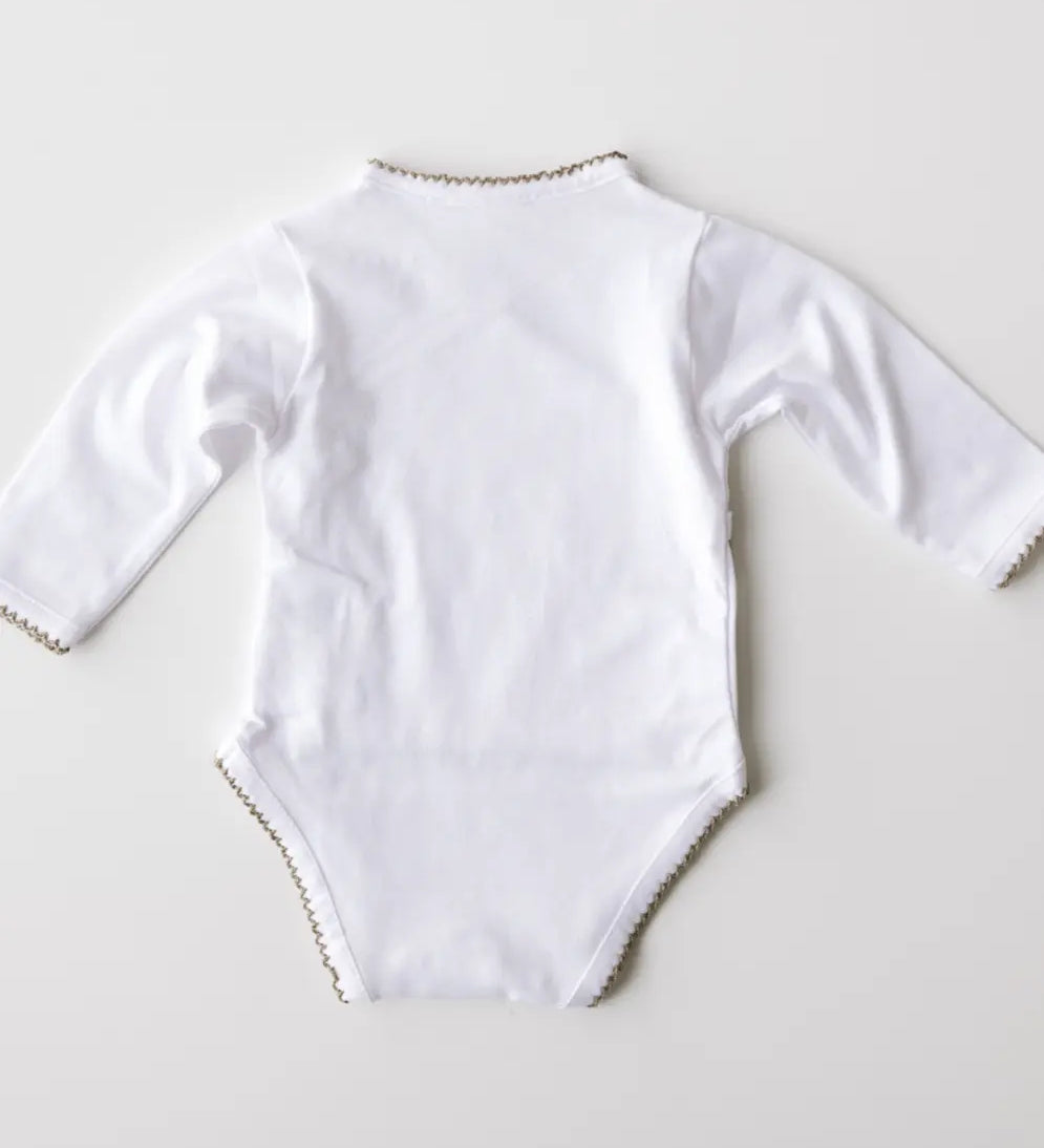 Back view of white baby bodysuit with sage green crochet trim.