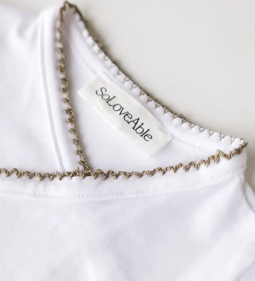 Close-up of sage green crochet trim on the white baby bodysuit.