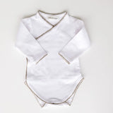 Baby bodysuit in white with sage green crochet trim, front view.
