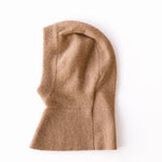 Caramel brown baby cashmere balaclava in flat-lay view, soft knitted hood for infants by SoLoveAble.