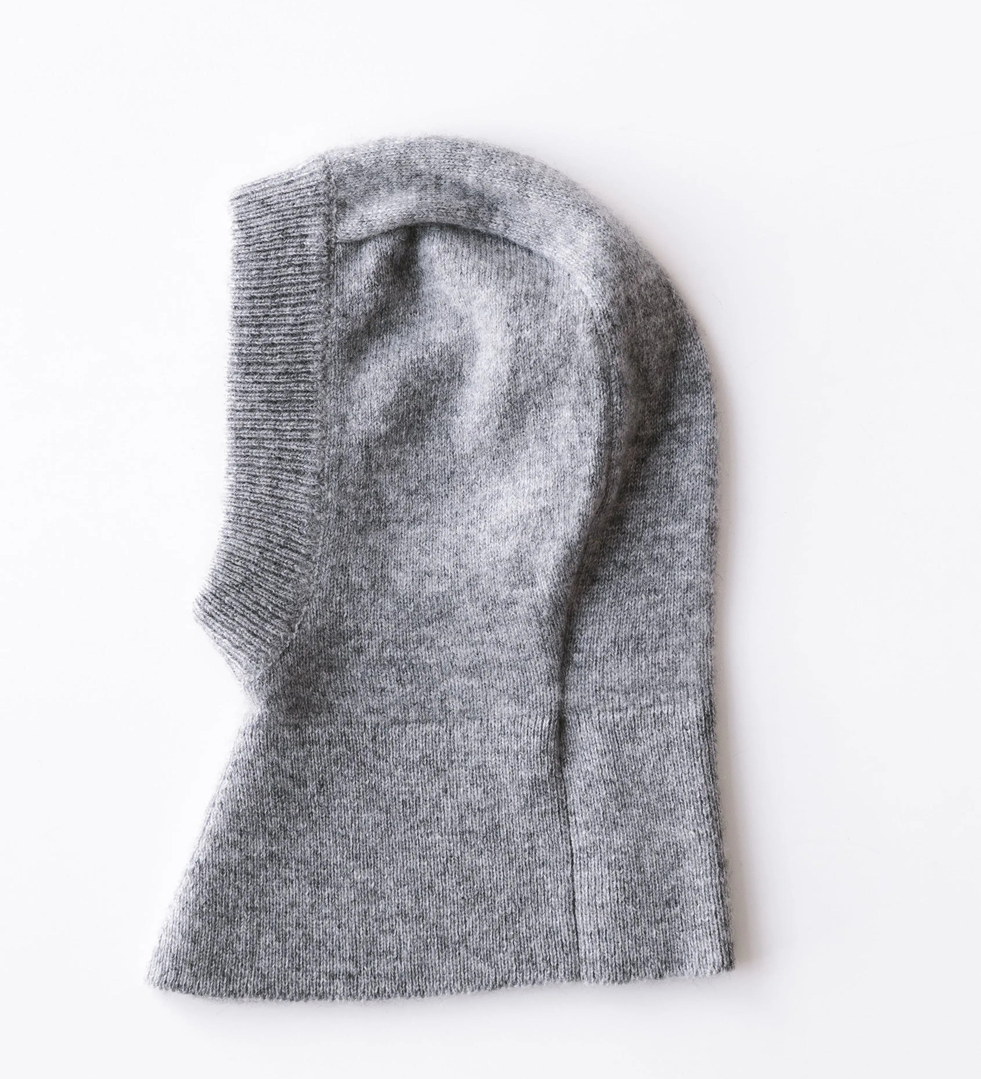 Heather grey baby cashmere balaclava in flat-lay view, soft knitted hood for infants by SoLoveAble.