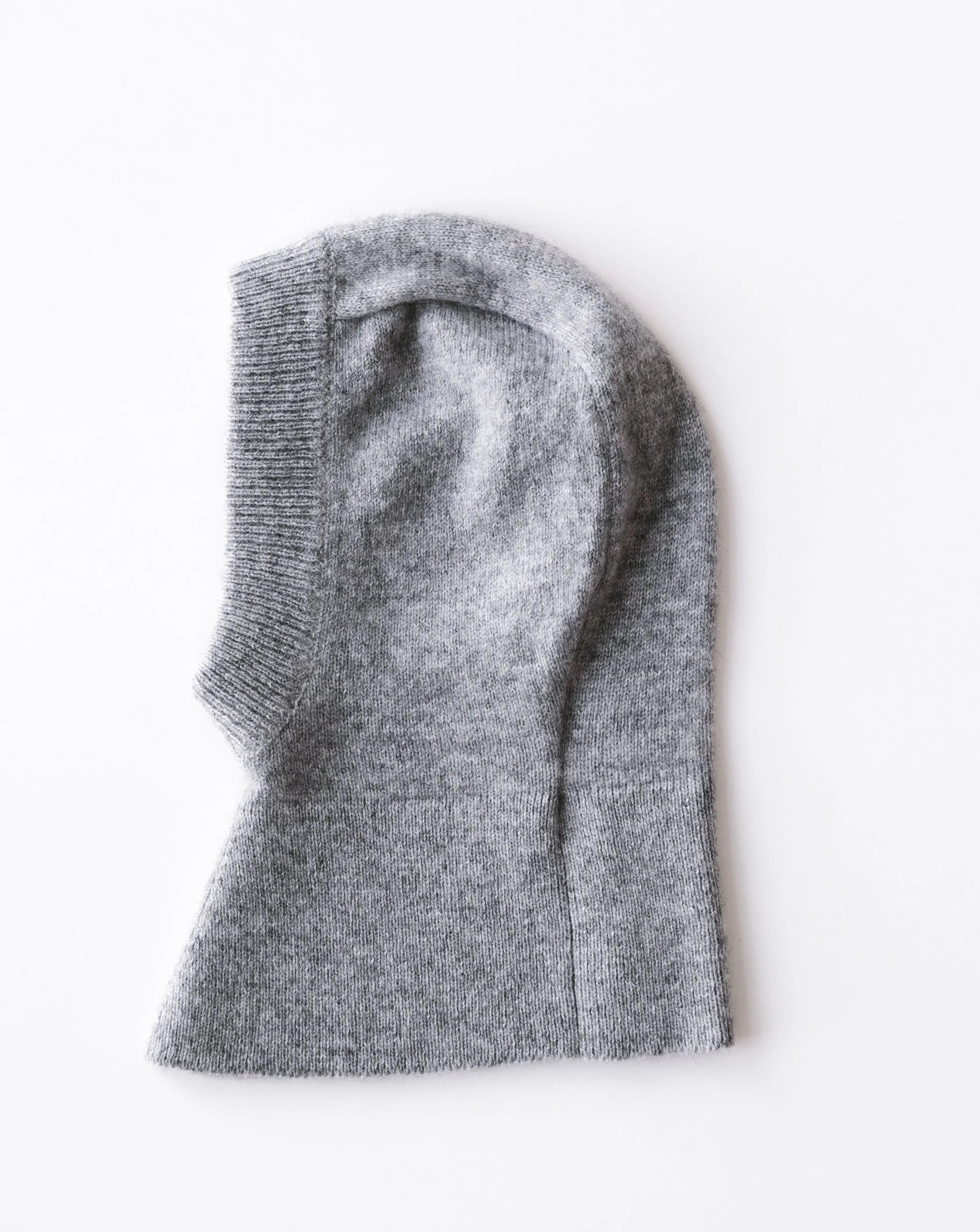 Heather grey baby cashmere balaclava in flat-lay view, soft knitted hood for infants by SoLoveAble.