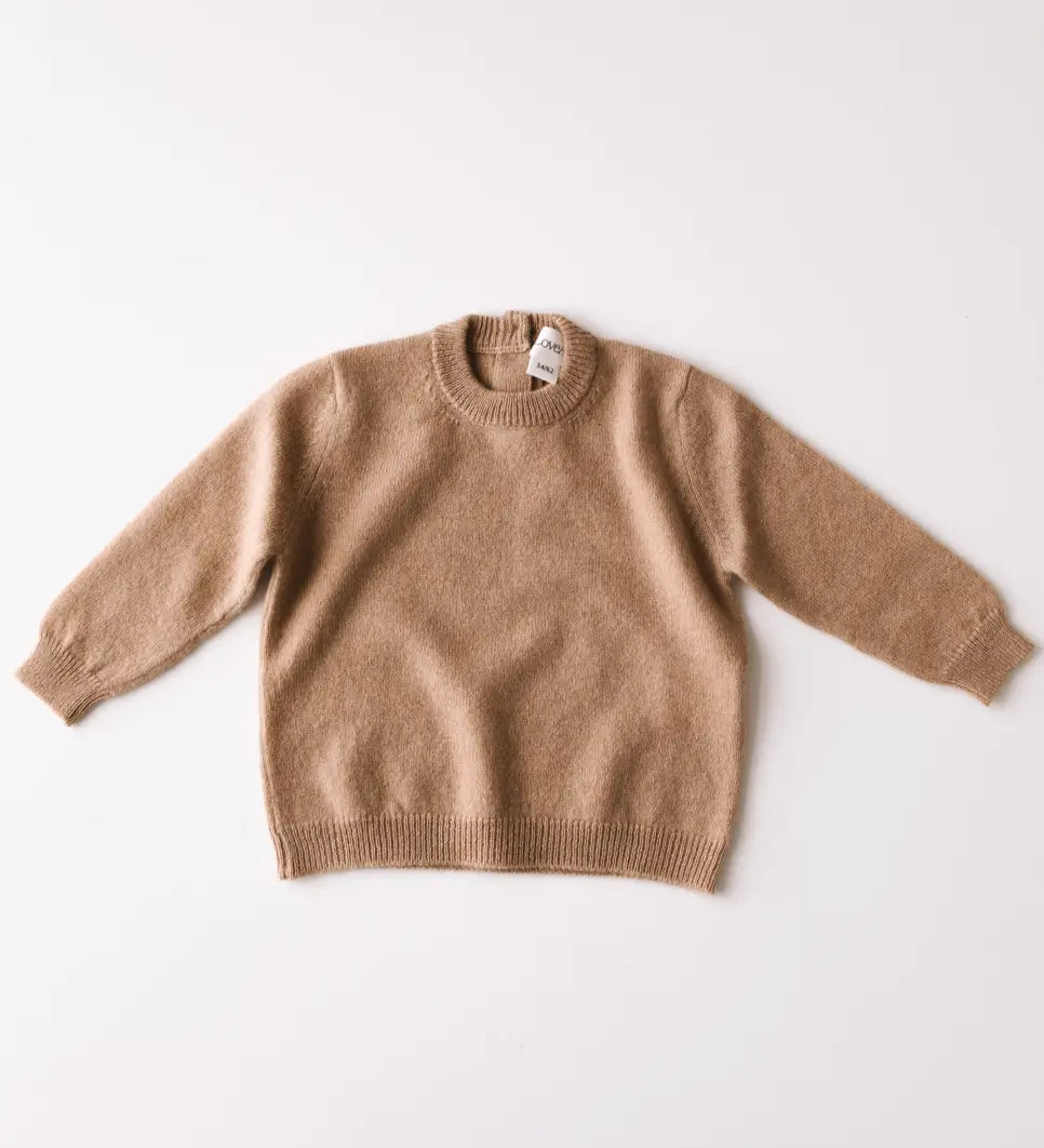 Baby cashmere sweater in caramel brown, front view.