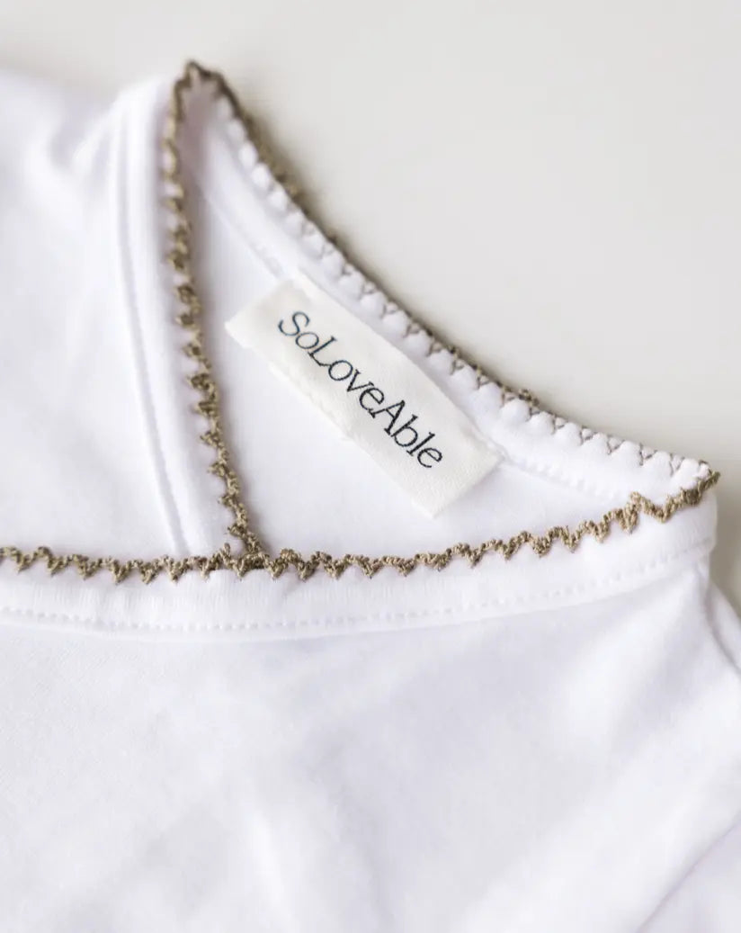 Close-up of crochet trim and soft fabric texture on white cotton bodysuit for babies