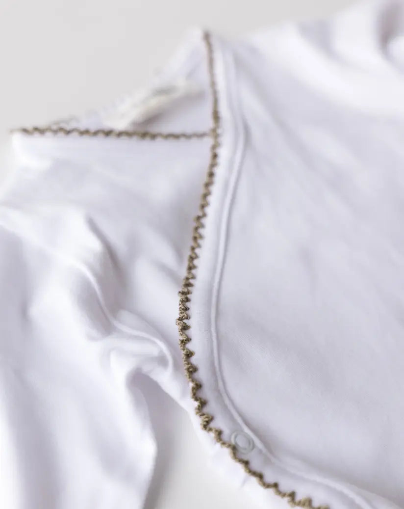 Close-up of crochet trim and soft fabric texture on white cotton bodysuit for babies