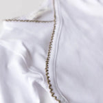 Close-up of crochet trim and soft fabric texture on white cotton bodysuit for babies