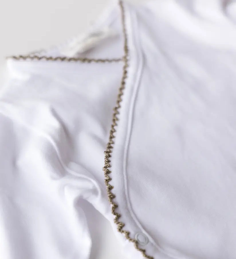 Close-up of crochet trim and soft fabric texture on white cotton bodysuit for babies